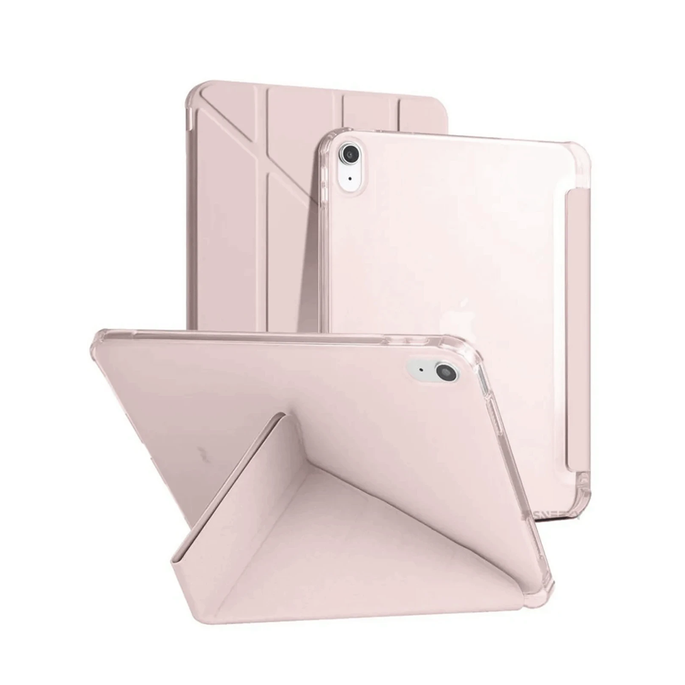 Üç pembe tablet kılıfı, biri dik, biri stantlı yatırılmış.