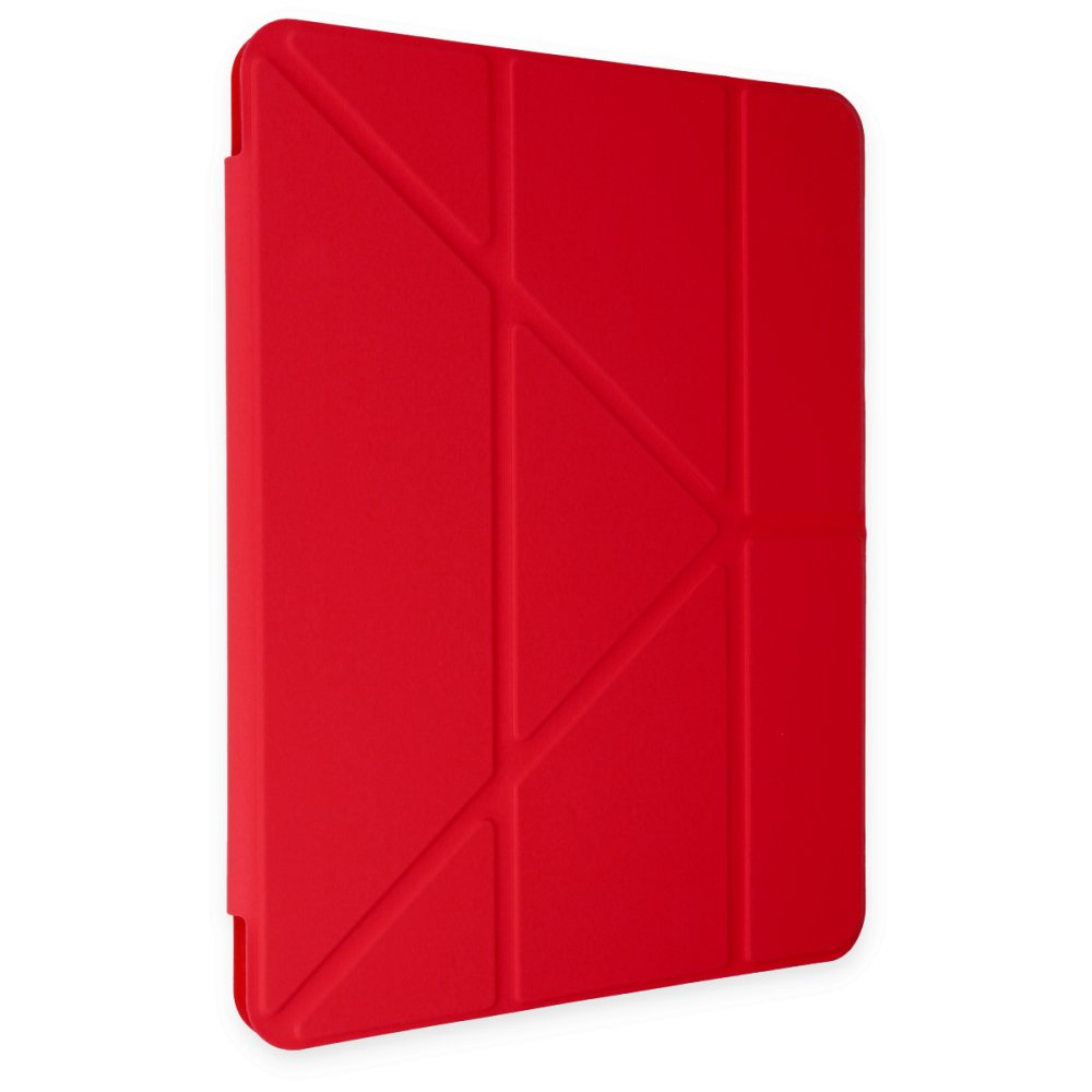 Beyaz arka plan üzerinde geometrik katlanmış desenli kırmızı tablet kılıfı.