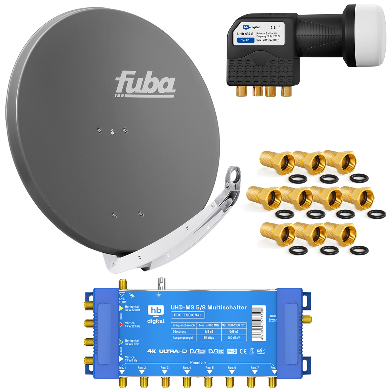 Satellitenschüssel, LNB, Multischalter und Stecker auf weißem Hintergrund.
