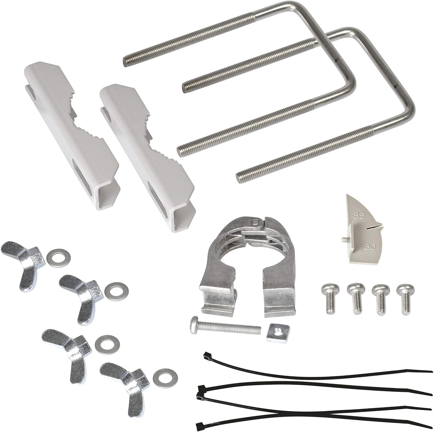 Montage-Set mit Bügeln, Schellen, Flügelmuttern, Unterlegscheiben, Schrauben und Kabelbindern.