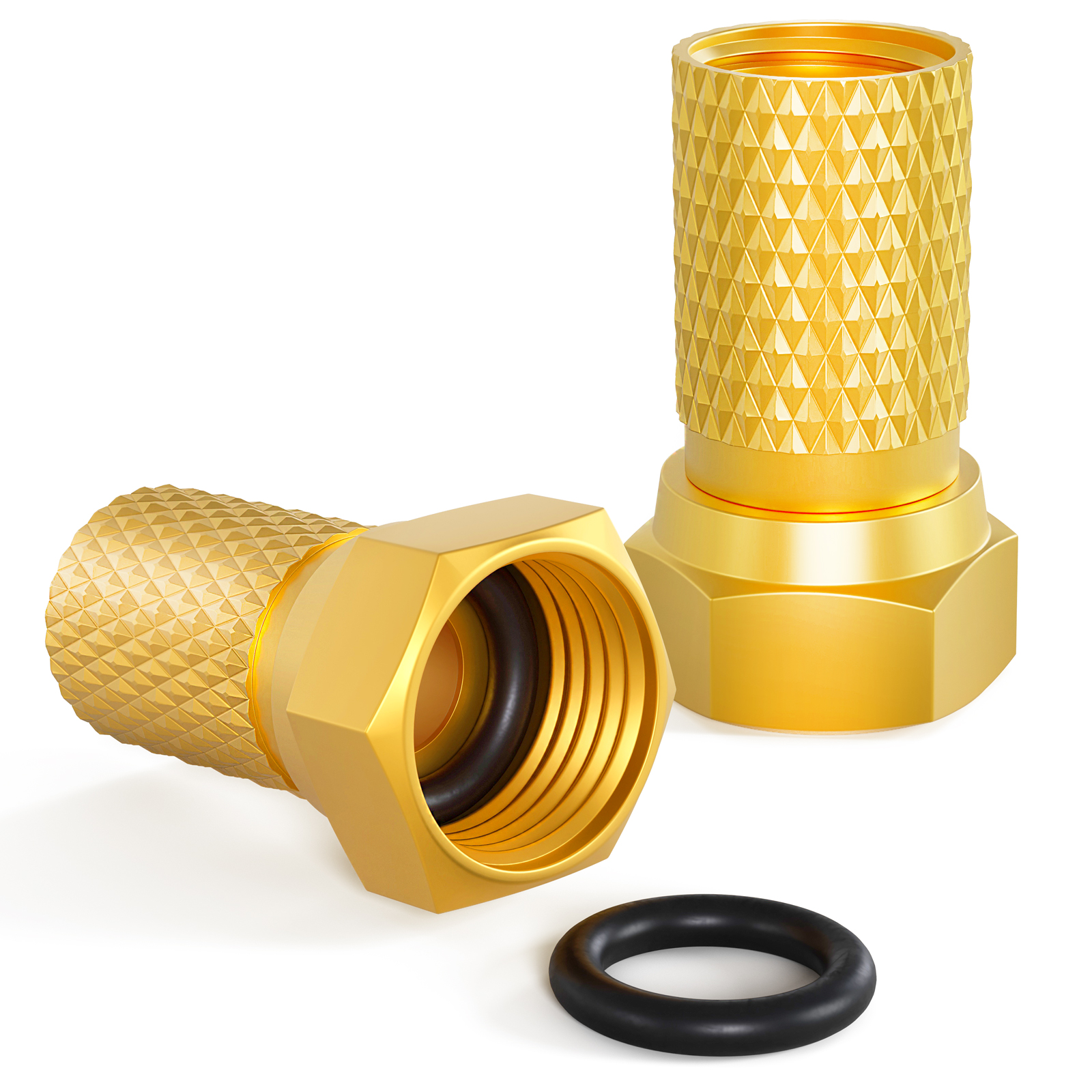Zwei goldene Anschlussstücke mit Rändelung und ein schwarzer O-Ring.