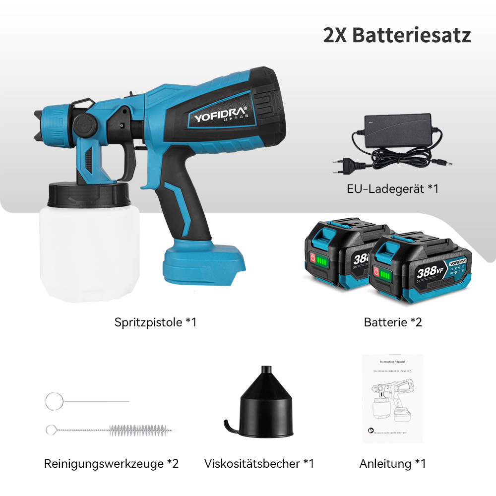 Ein blauer und schwarzer Farbsprühgerät-Set mit Zubehör.