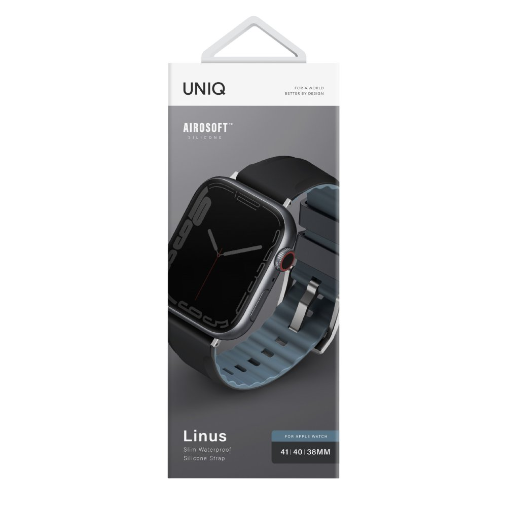 UNIQ silikon Apple Watch kordonu ambalajı, siyah/mavi.