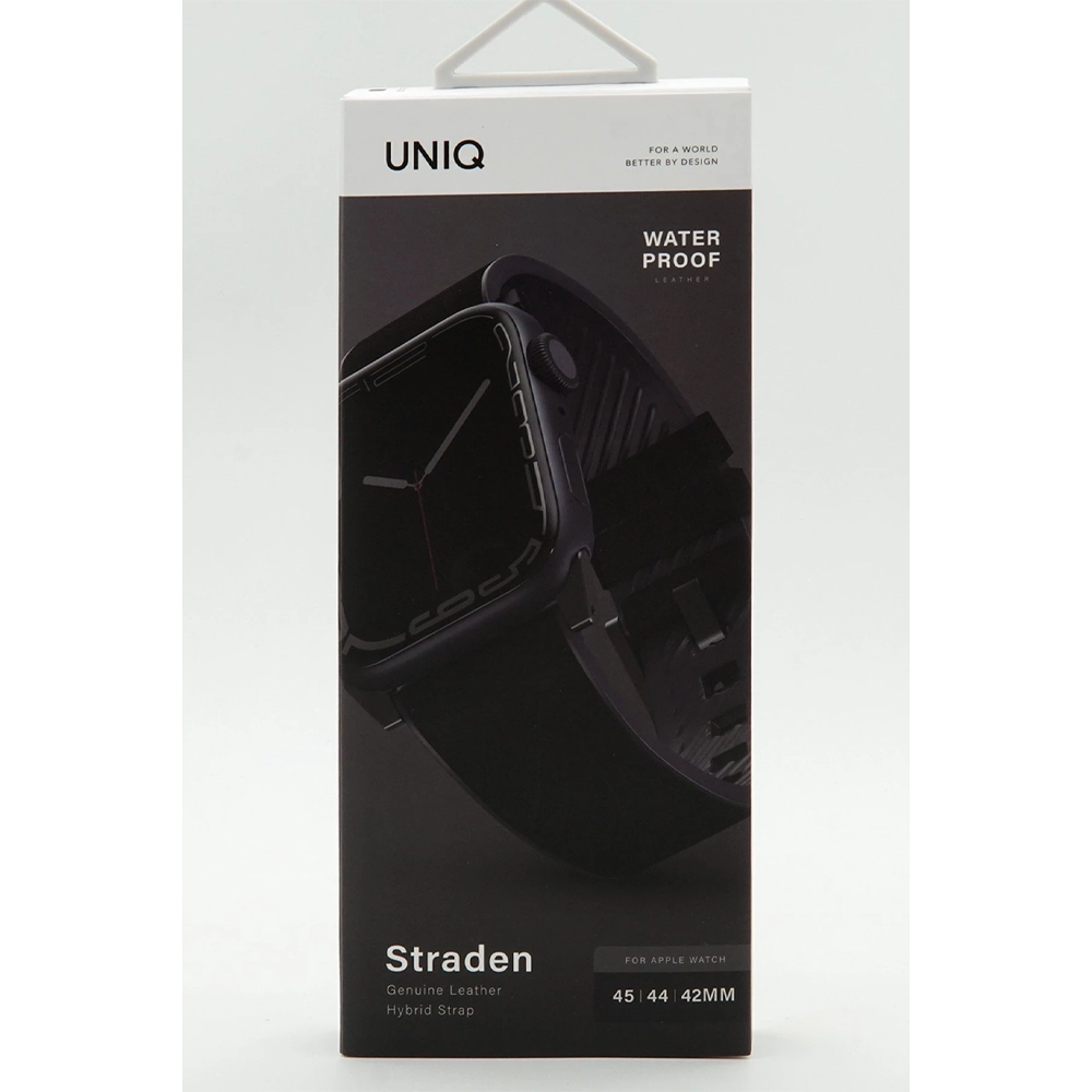 UNIQ ve Straden logolu siyah Apple Watch kılıfı ambalajı.