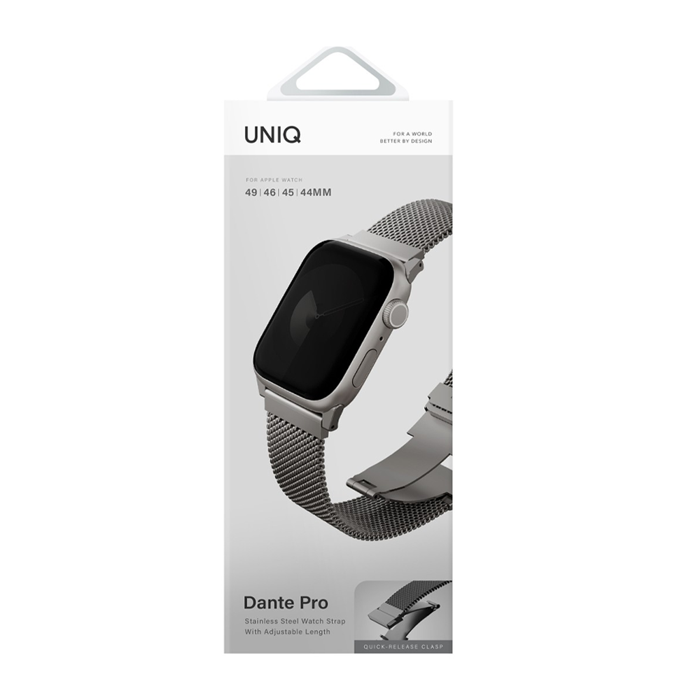 Paslanmaz çelik kordonlu gümüş Apple Watch ambalajı.