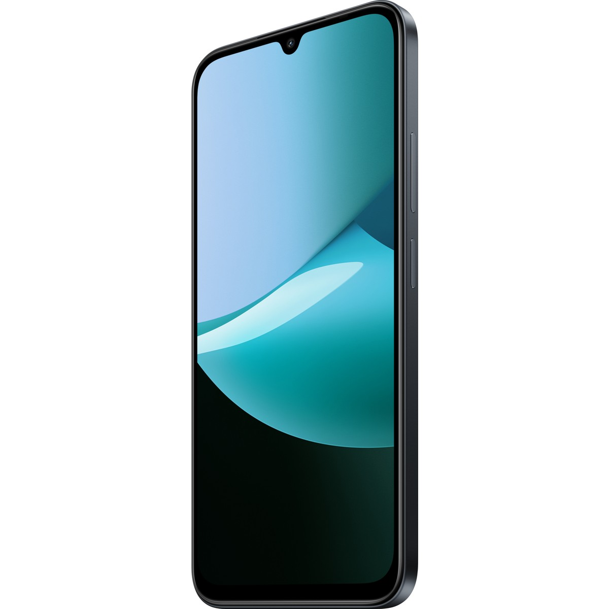 Ekranında mavi ve turkuaz duvar kağıdı bulunan koyu renkli bir akıllı telefon.