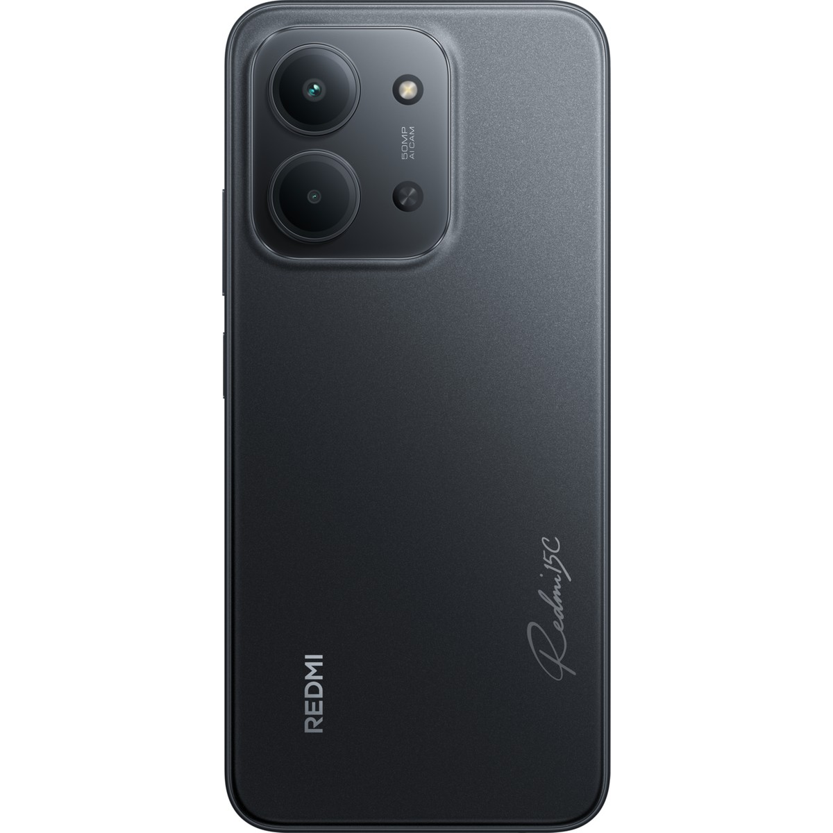 İki kamerası ve Redmi logosu olan koyu renkli akıllı telefonun arkası.