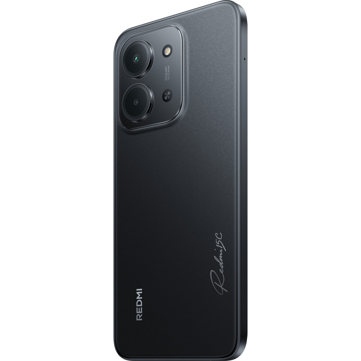 İki kameralı koyu renkli akıllı telefonun arkası, Redmi logosuyla. 50MP AI CAM.
