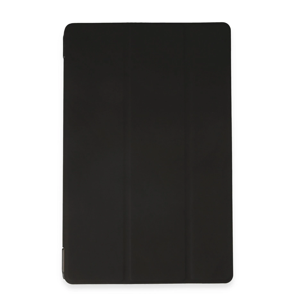 Üç katlanmış bölümü olan siyah tablet kılıfı.