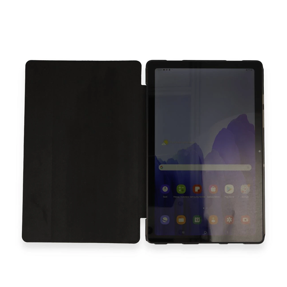 Açık siyah tablet kılıfı, mor arka plan duvar kağıtlı siyah bir tableti ortaya çıkarıyor.