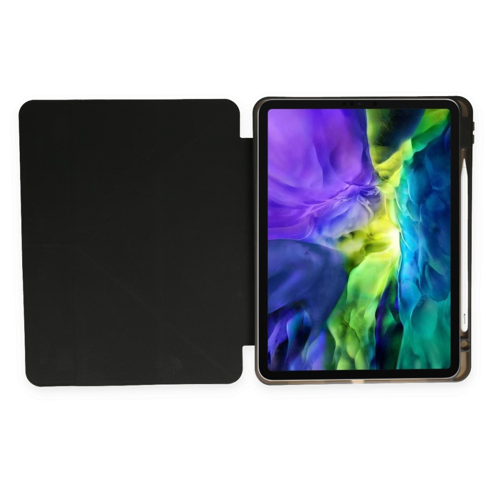 Renkli duvar kağıdına sahip açık bir tablet ve siyah koruyucu kılıf.