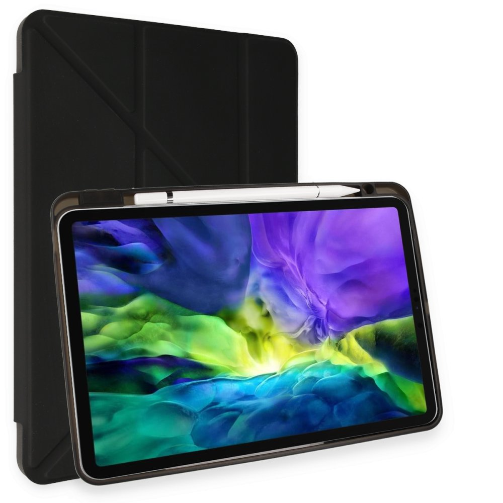Mor ve yeşil arka planı gösteren dik tabletli siyah tablet kılıfı.