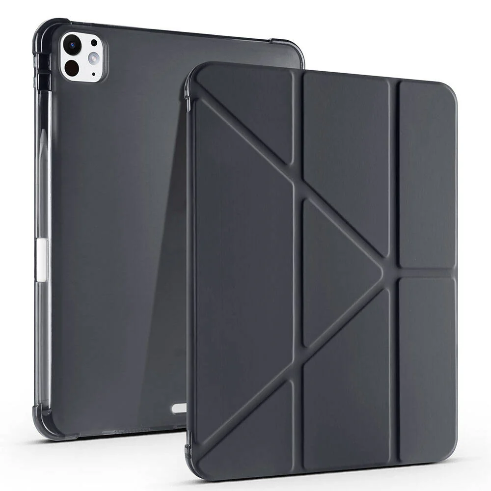 Geometrik desenli koyu renk tablet standı, kılıflı bir tabletin yanında.