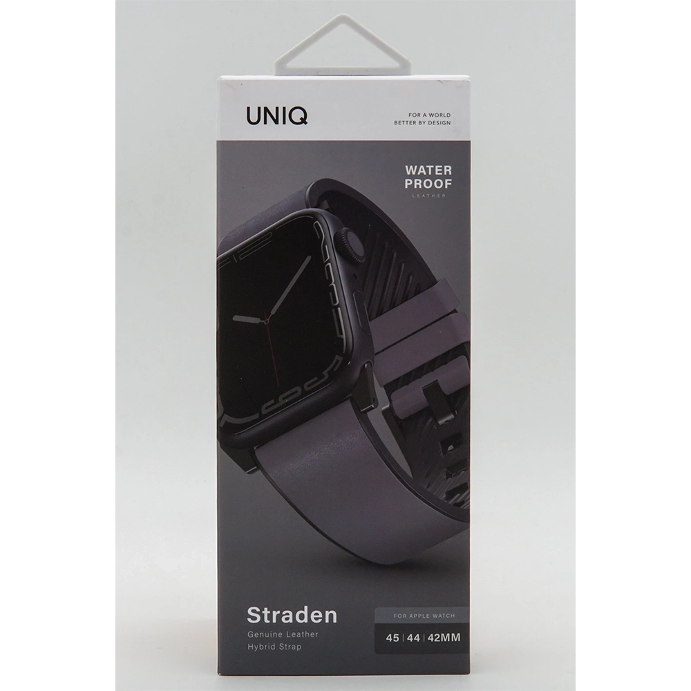 Apple Watch için gri deri kayışlı ambalaj.