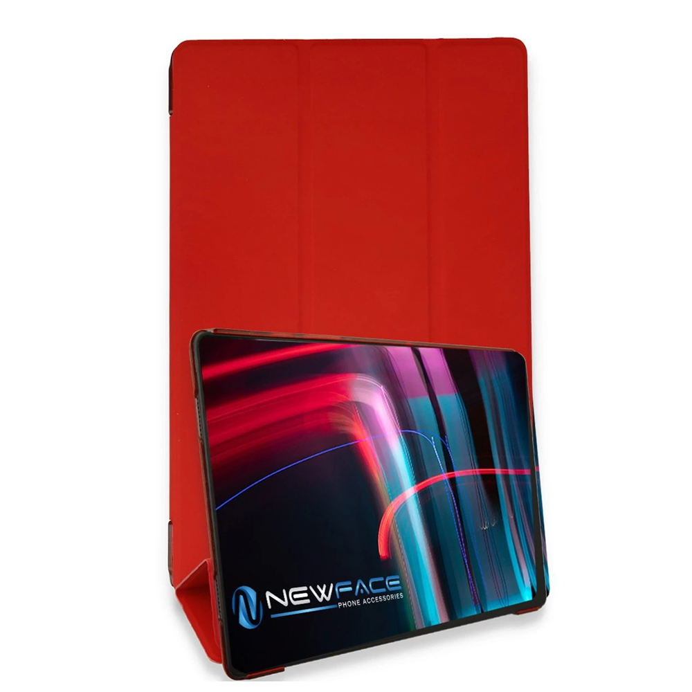Renkli, soyut bir ekran gösteren tabletli kırmızı tablet kılıfı.