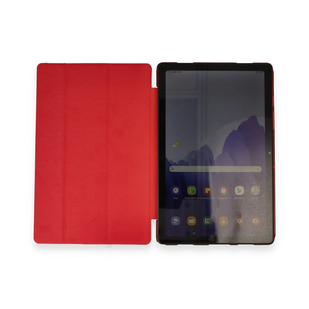 Kapak açık kırmızı tablet, beyaz zeminde duruyor.