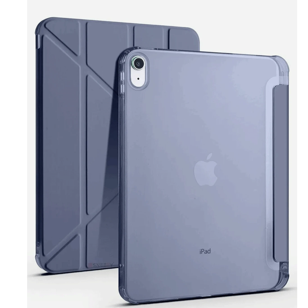 Şeffaf kılıfta mavi bir tablet, yanında açık bir kılıf.