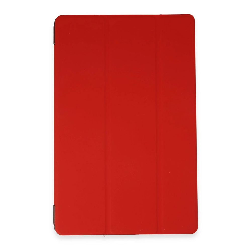 Dikey katlamalı kırmızı tablet kılıfı, beyaz arka plan üzerinde.