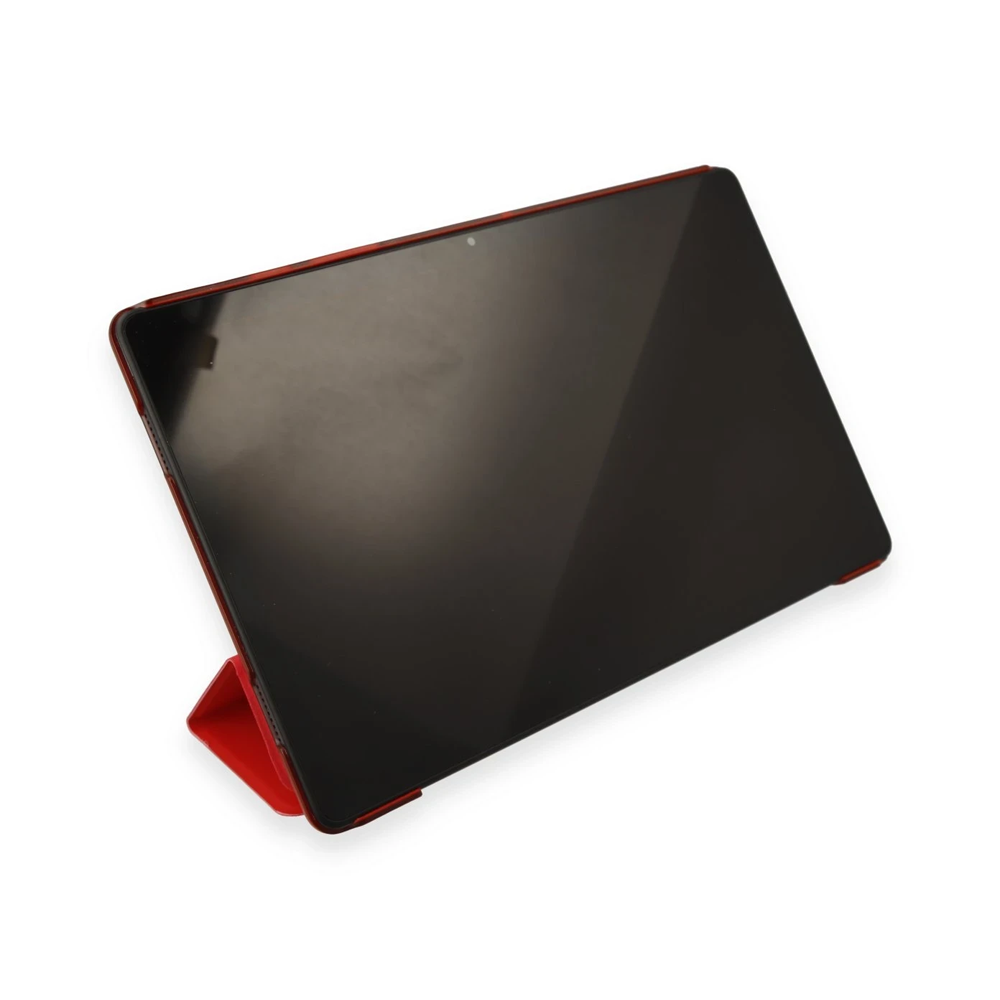 Beyaz arka plan üzerinde siyah ekranlı kırmızı tablet.