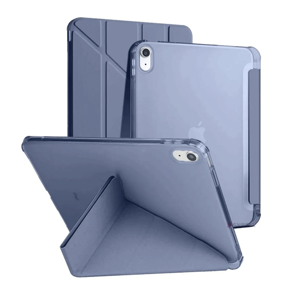 Farklı açılardan gösterilen üç mavi tablet kılıfı, biri dik, biri düz.