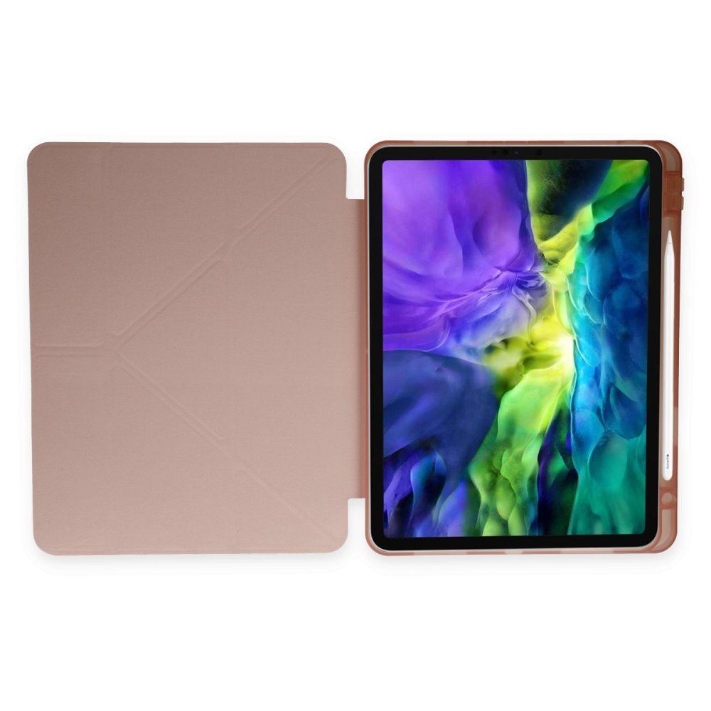 Açık pembe tablet kılıfı, ekranda renkli duvar kağıdı görünüyor.