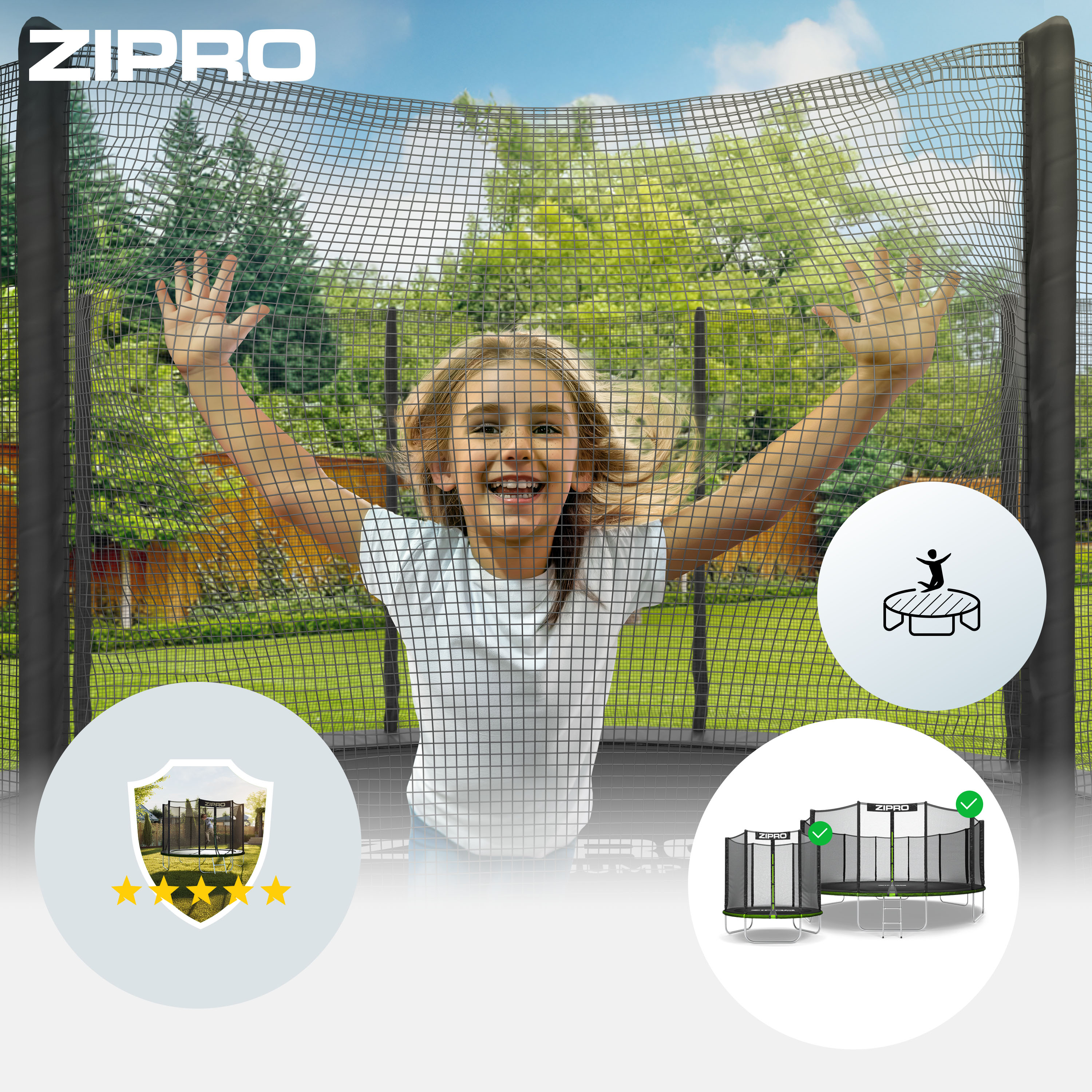 Ein Mädchen lacht hinter einem Trampolinnetz im Garten. Nebenan Trampoline.