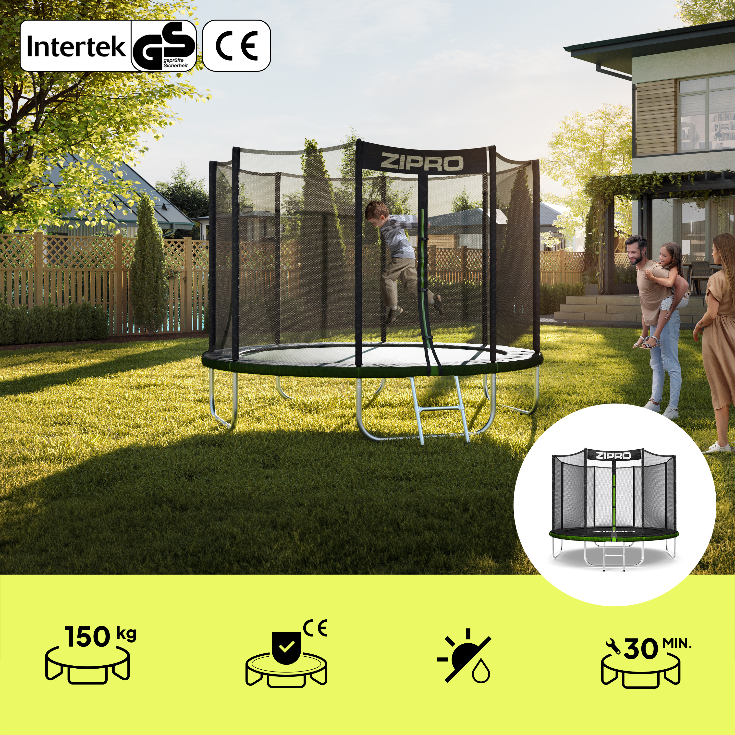 Ein Junge springt auf einem Trampolin in einem sonnigen Garten, während die Eltern zusehen. Logos und Produktmerkmale sind abgebildet.