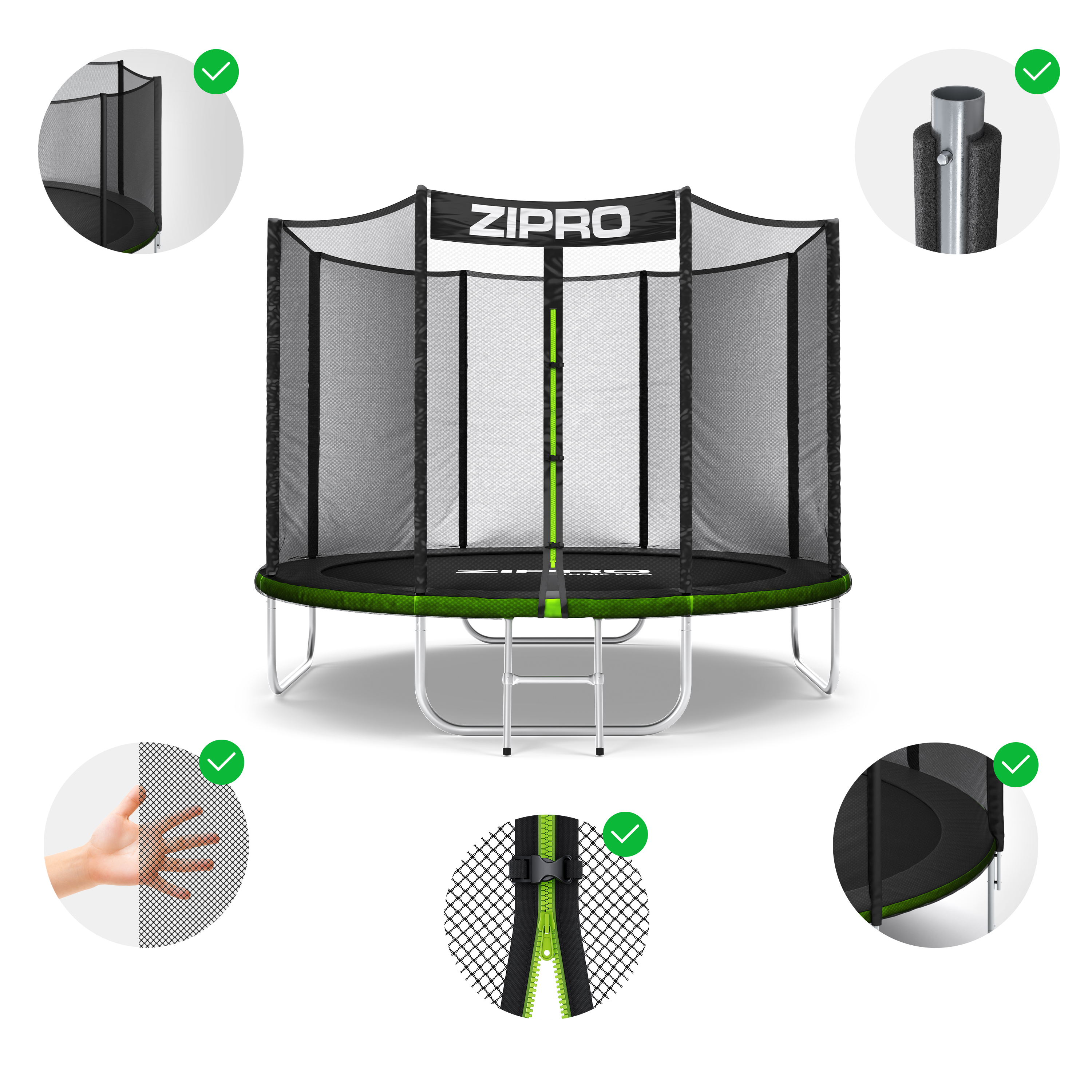 Trampolin mit Sicherheitsnetz, Leiter und ZIPRO-Logo. Details: Netz, Reißverschluss, Stange.