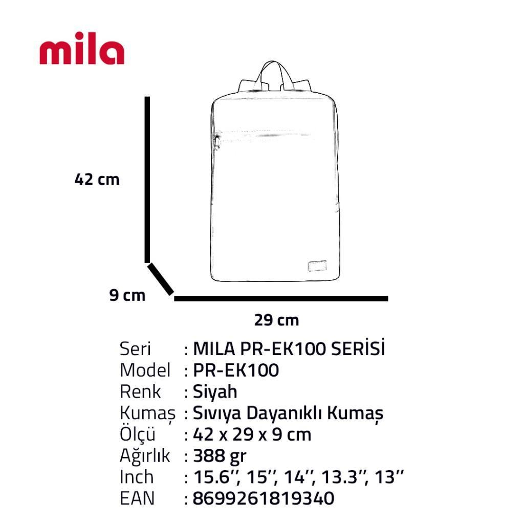 Siyah Mila sırt çantası, boyutları 42x29x9 cm. Detaylar ve ağırlık listelenmiş.