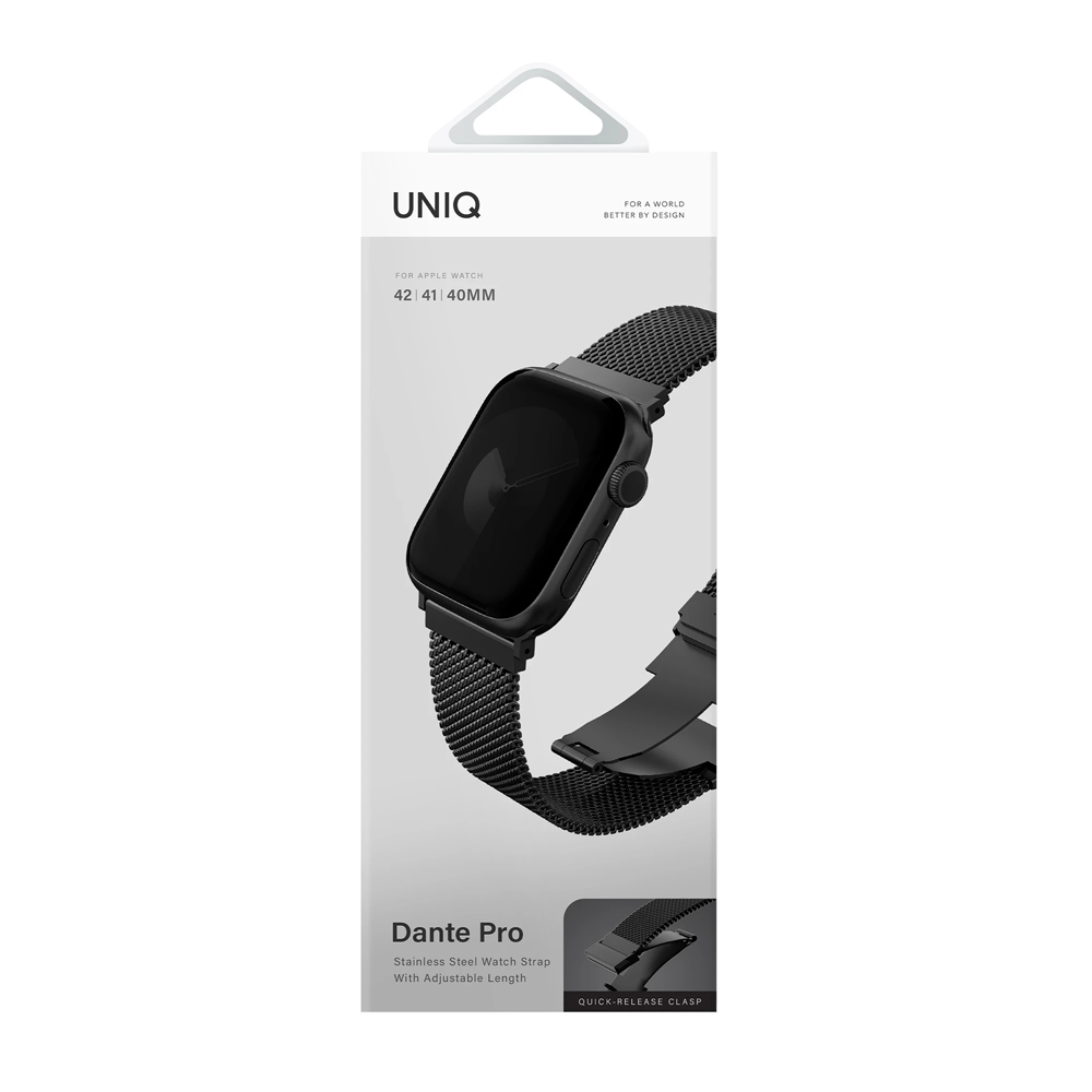 Siyah paslanmaz çelik Apple Watch kordonu ambalajı.