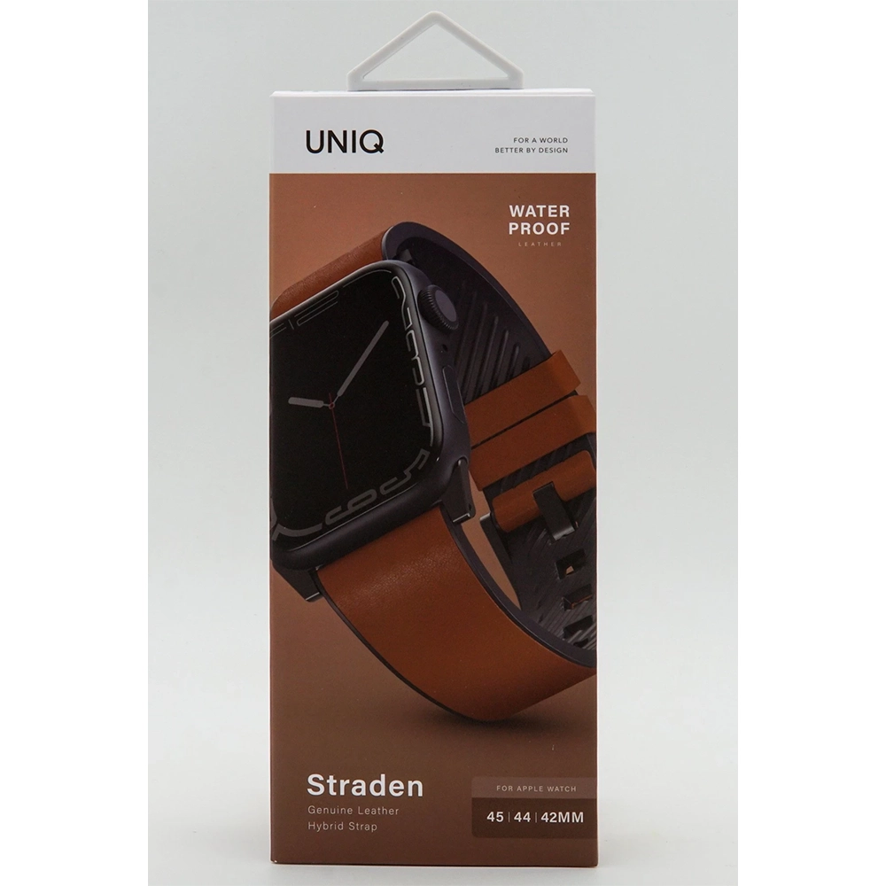 Kahverengi UNIQ deri Apple Watch kılıfı ambalajı.