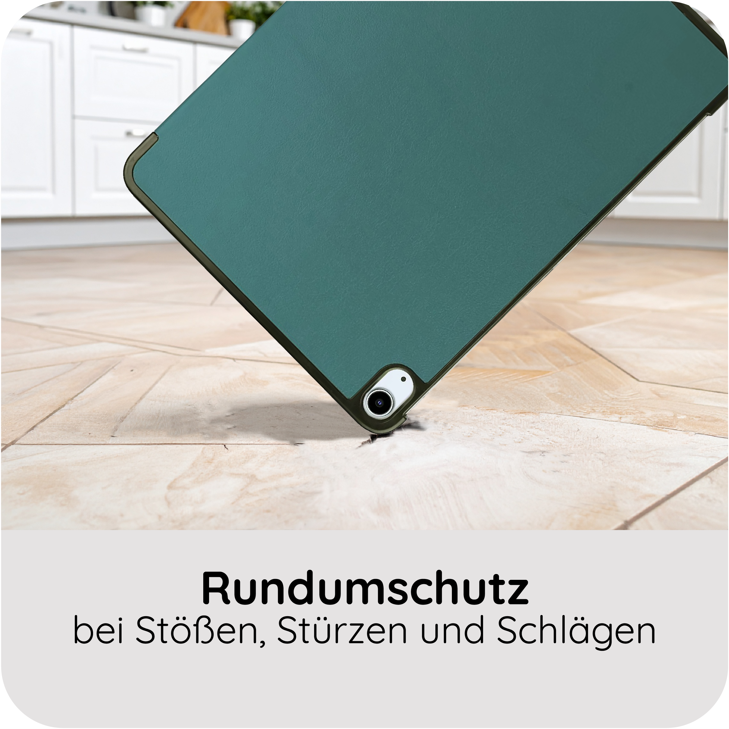 Ein tealfarbenes Tablet mit Schutzhülle liegt auf einem Holzboden.