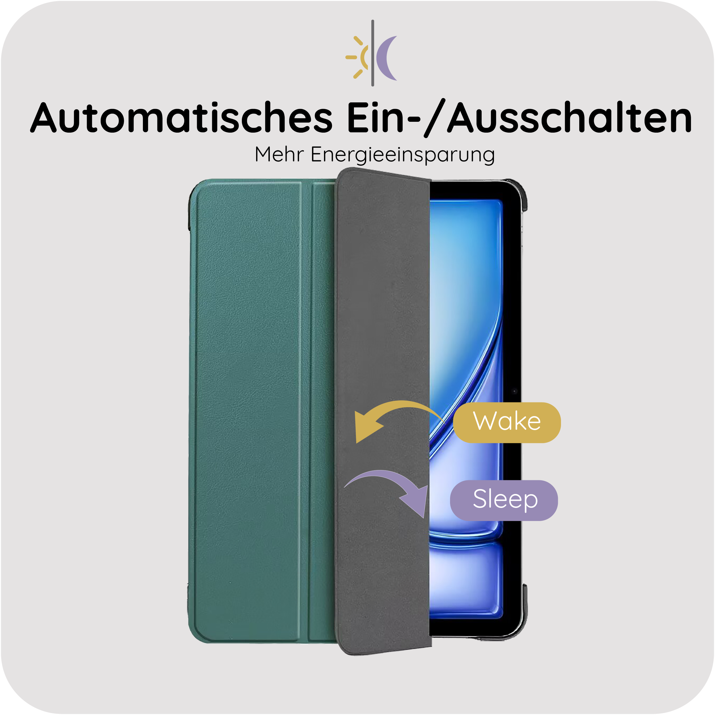 Ein Tablet mit einer grünen und einer grauen Hülle, die „Wake“ und „Sleep“ anzeigen.