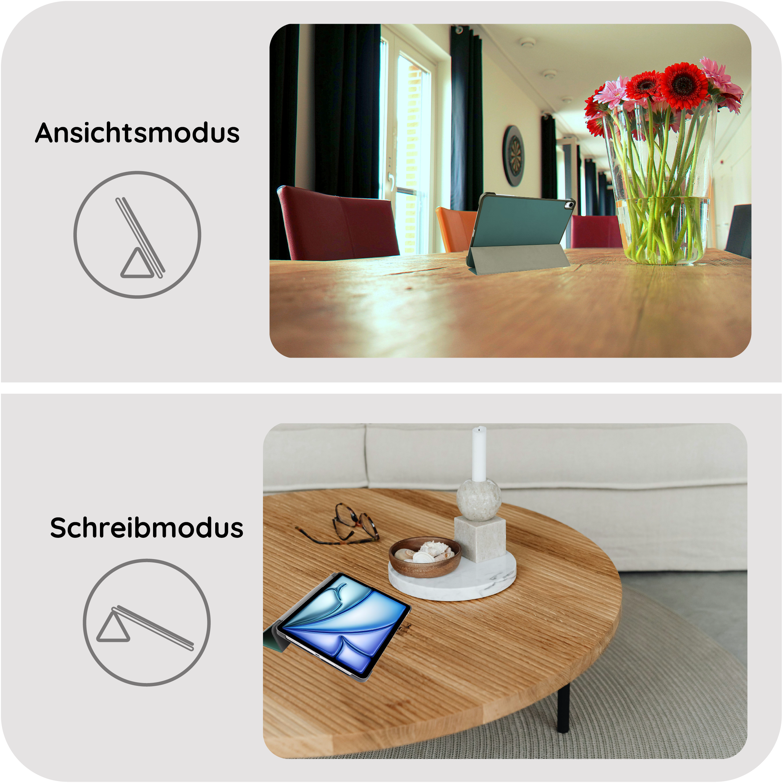 Ansichtsmodus: Tablet auf einem Holztisch. Schreibmodus: Tablet mit Ständer auf einem Holztisch.