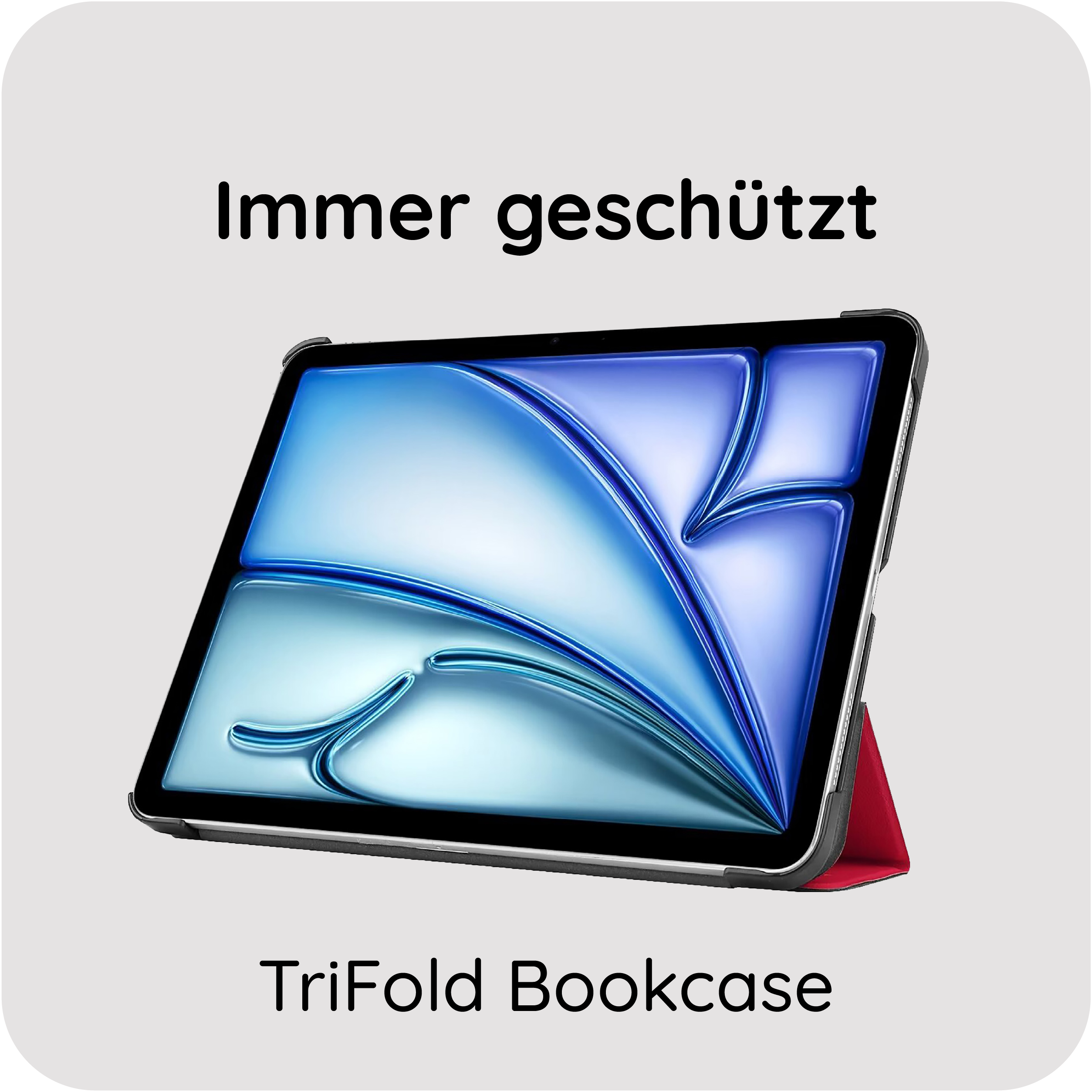 Ein Tablet in einer roten TriFold-Hülle mit blauem Hintergrundbild.
