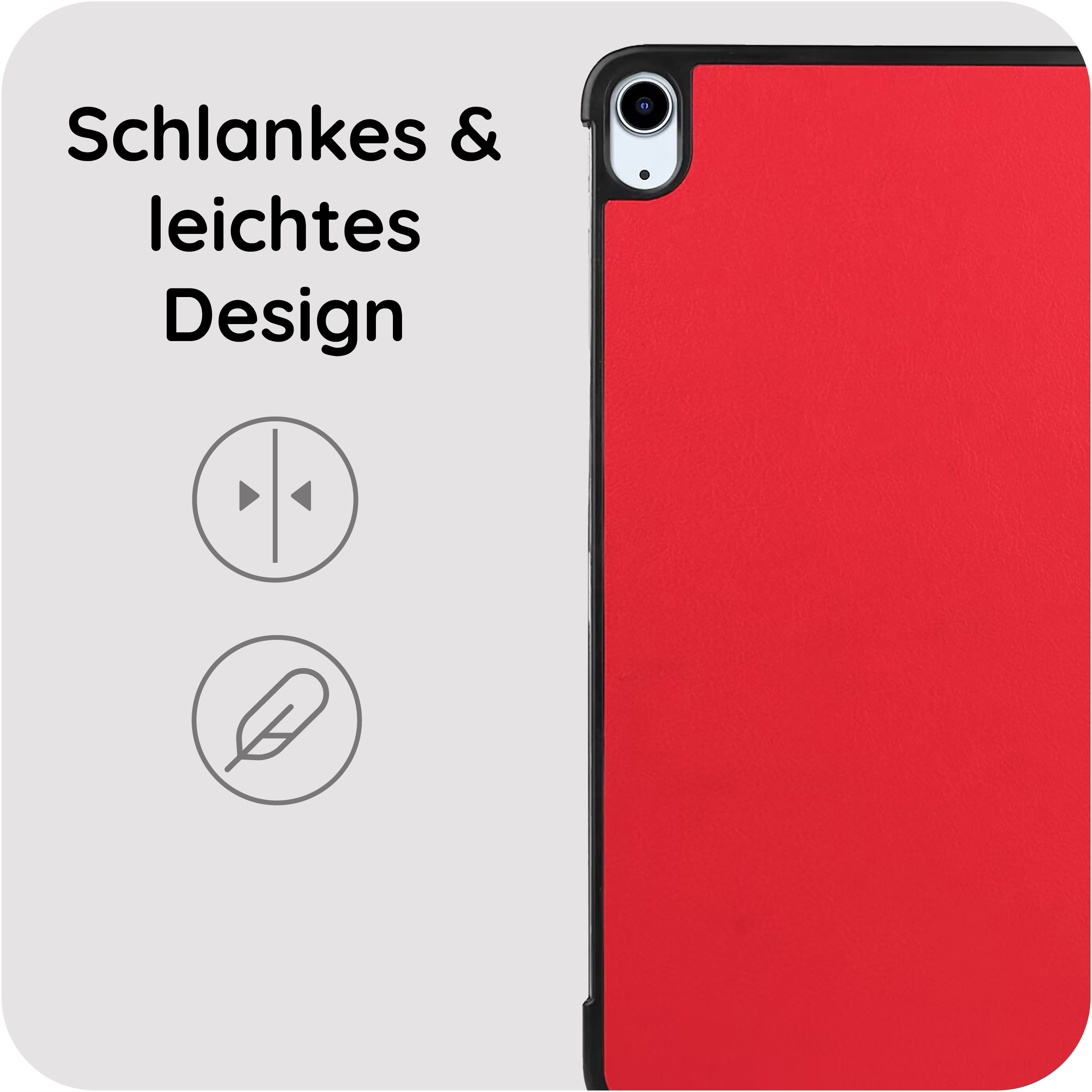 Rote Hülle mit schlankem, leichtem Design. Enthält Icons für Maße und Feder.