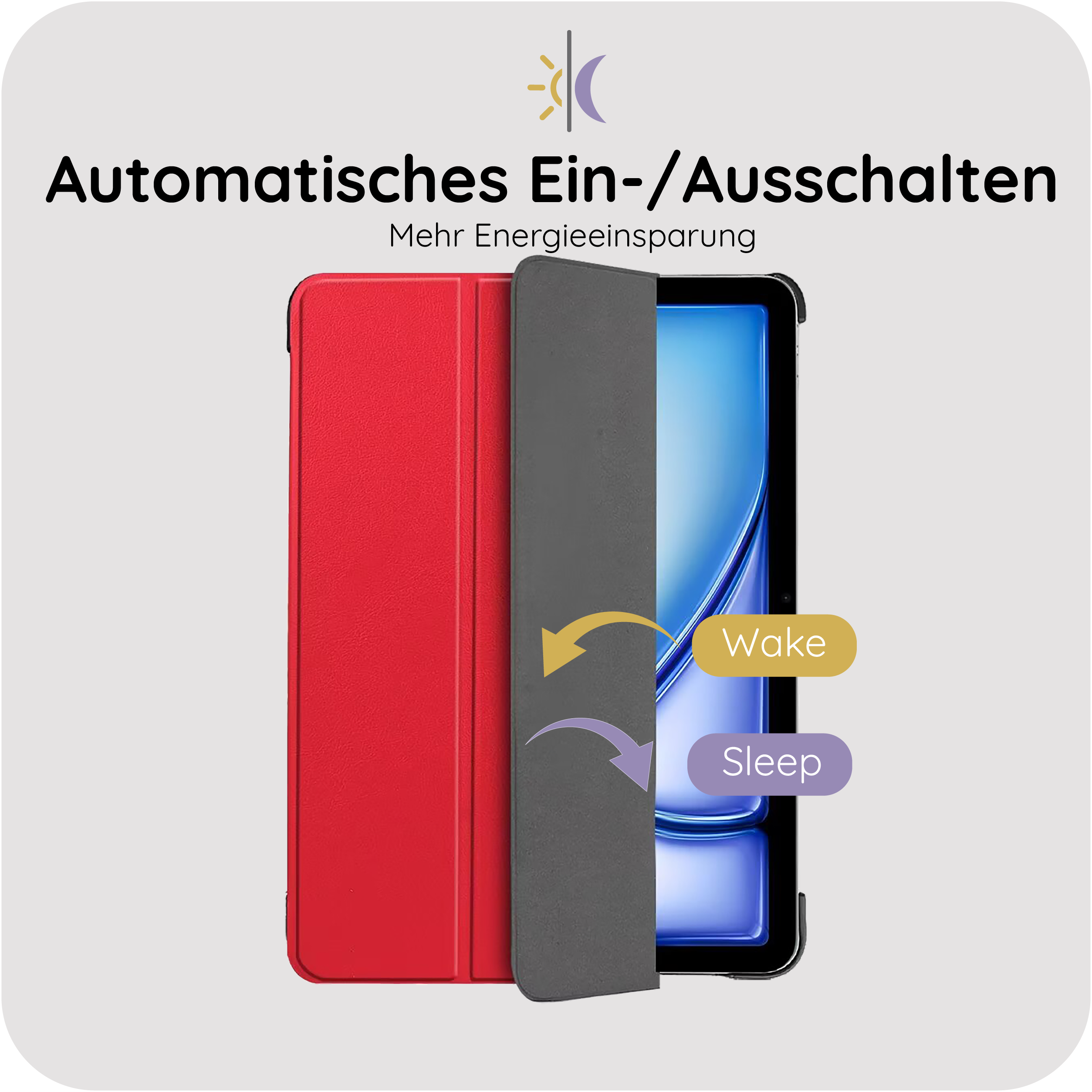 Rote und graue Tablet-Hülle, die den automatischen Ein-/Ausschaltmodus zeigt.