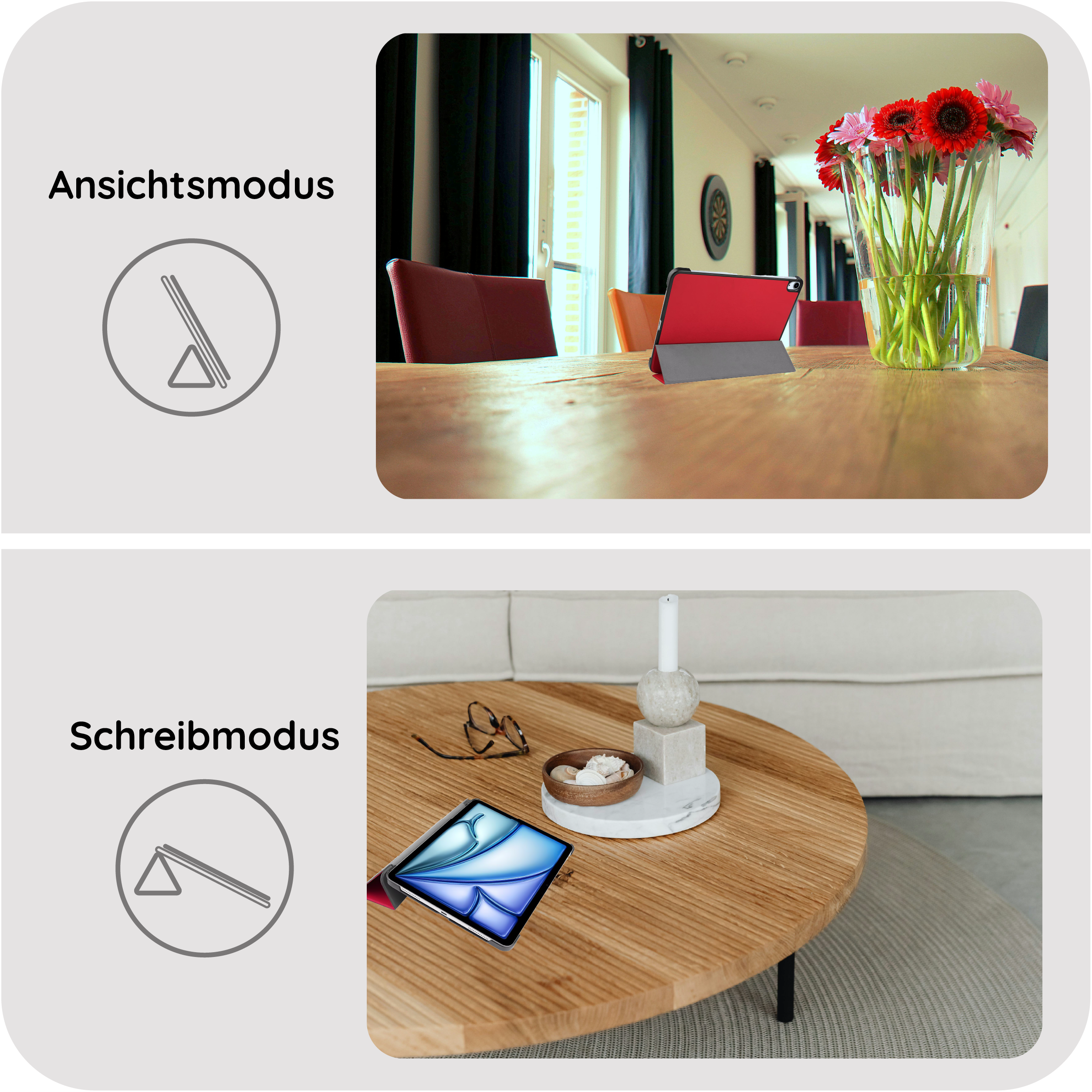 Zwei Modi für ein Tablet: Ansicht und Schreiben. Mit Blumen und Deko.
