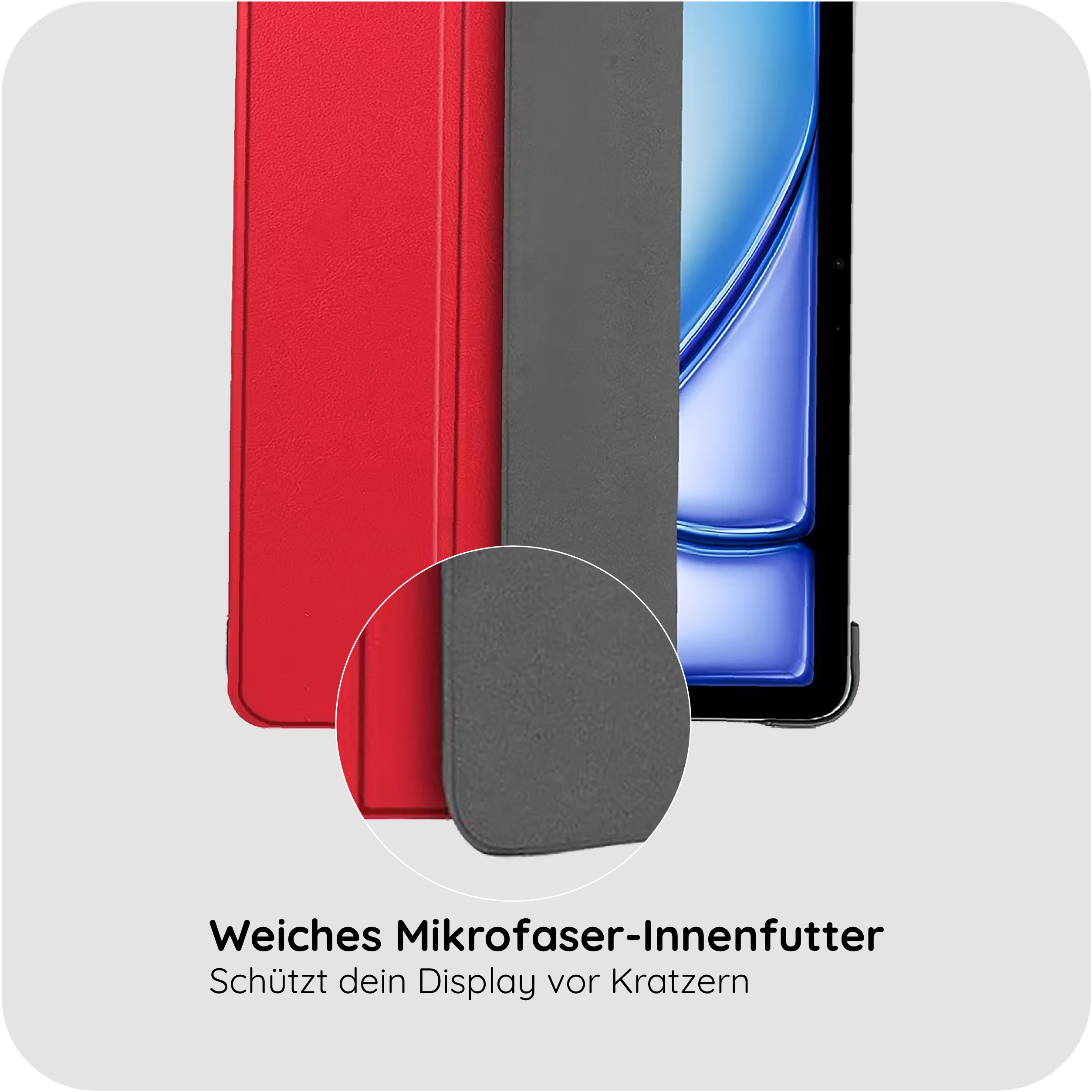 Rote und graue Handyhüllen neben einem blauen Smartphone-Bildschirm.
