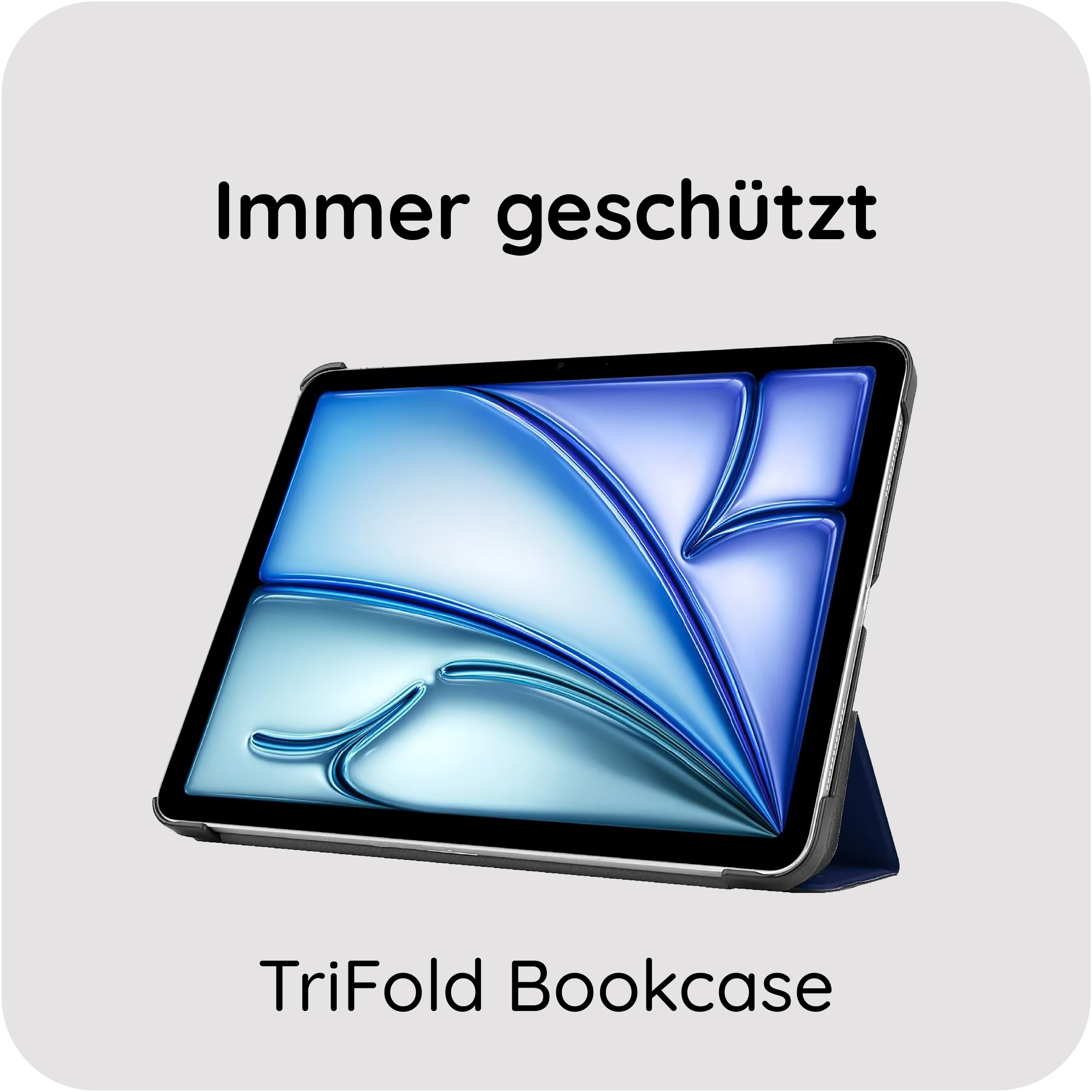 Ein Tablet mit TriFold Bookcase und blauer Hintergrundgrafik.