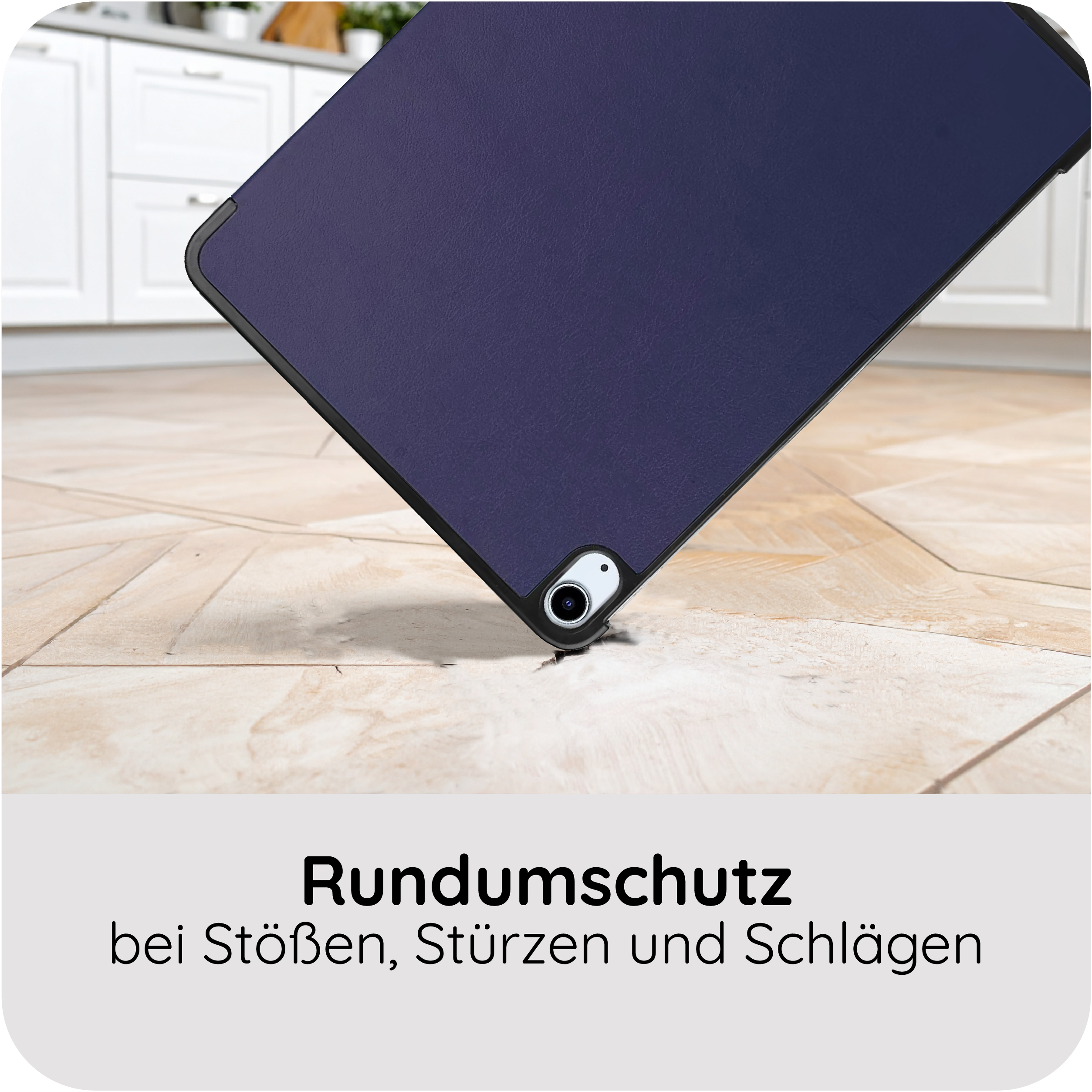 Ein dunkelblaues Tablet im Schutzcase liegt auf einem Holzboden.