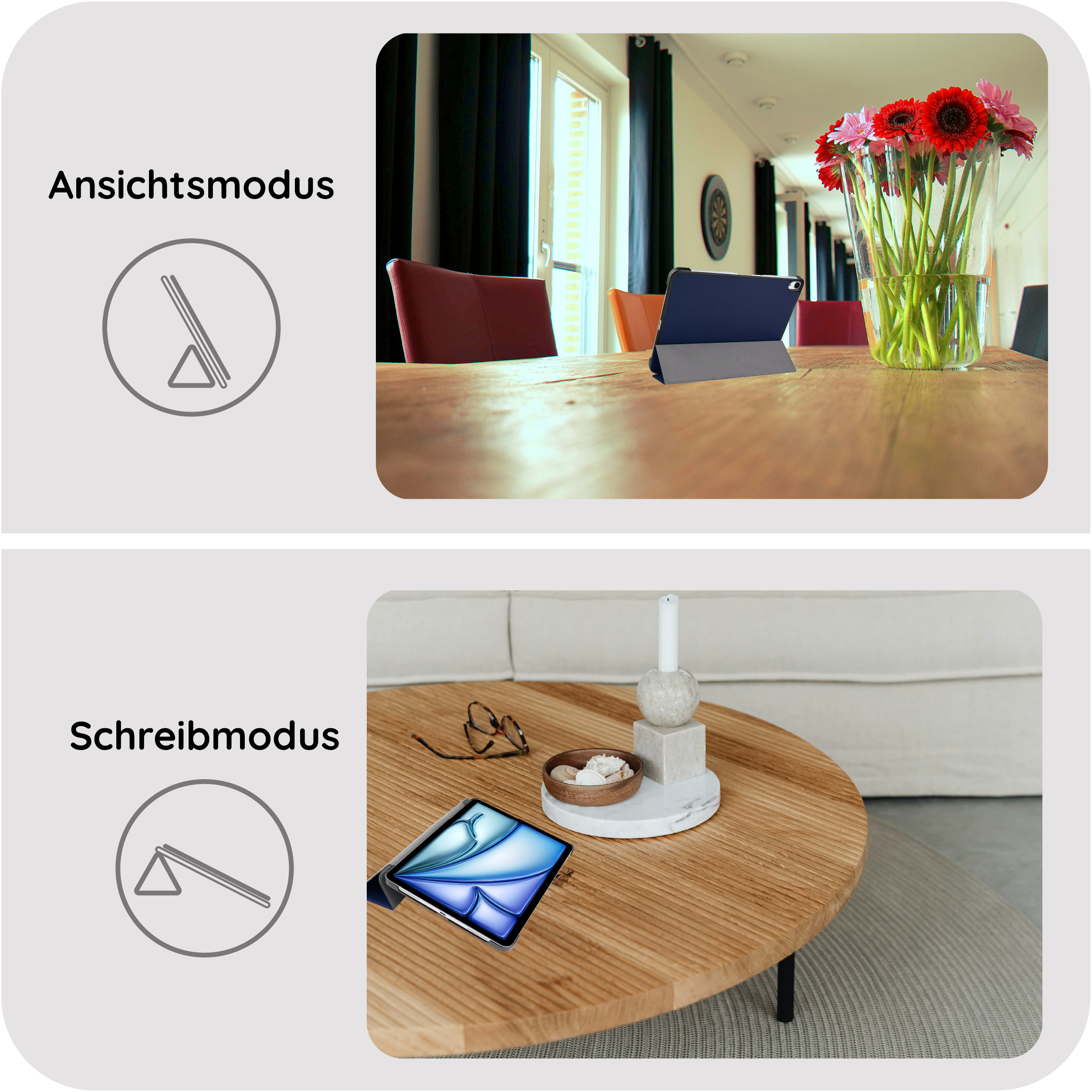 Zwei Modi für ein Tablet: Ansicht und Schreiben. Mit Blumen und Deko.