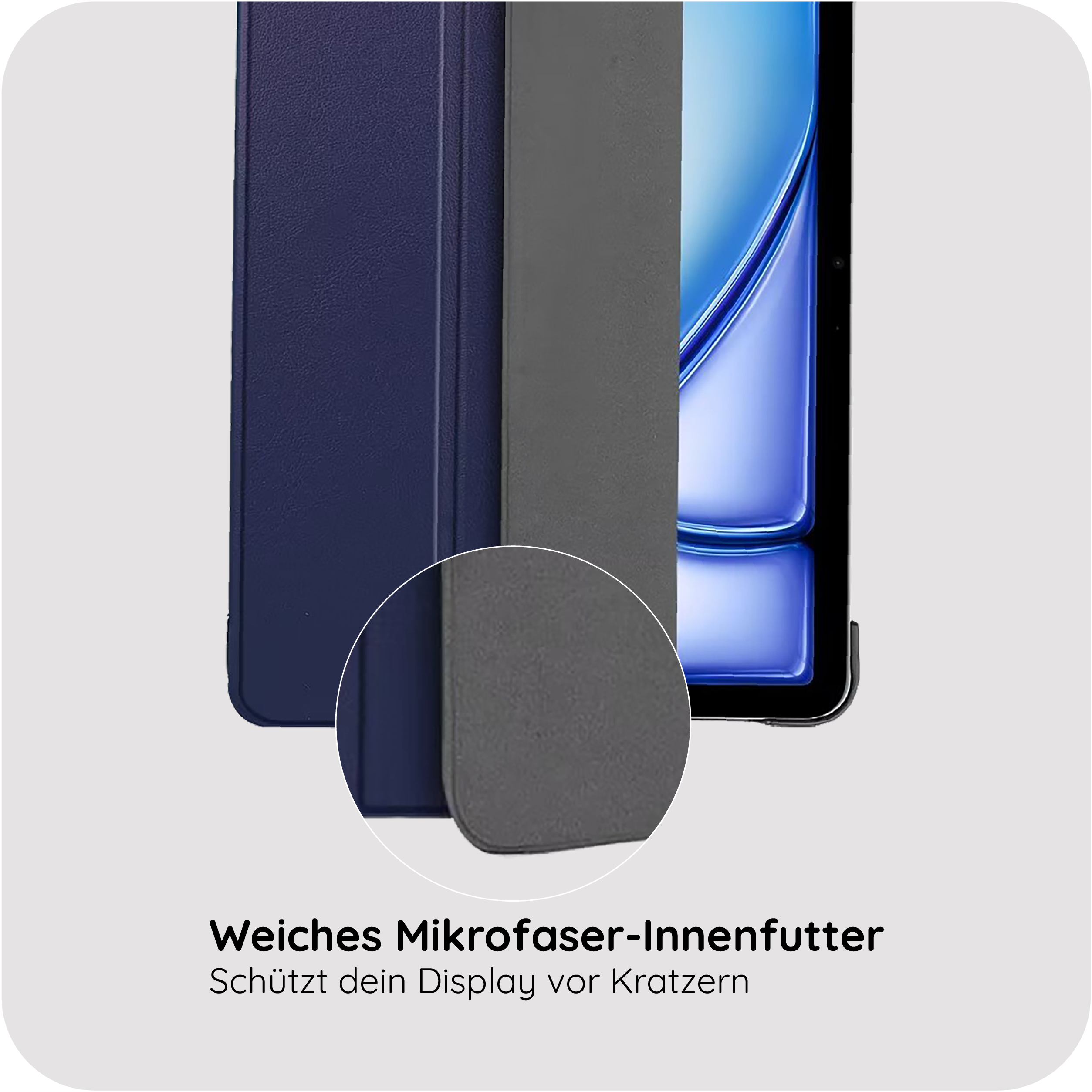 Blaue und graue Handyhüllen mit Nahaufnahme des weichen Innenfutters.
