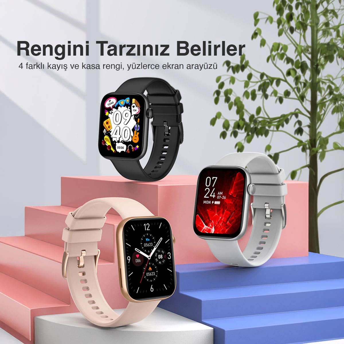 Renkli stantlarda siyah, beyaz ve rose gold akıllı saatler.