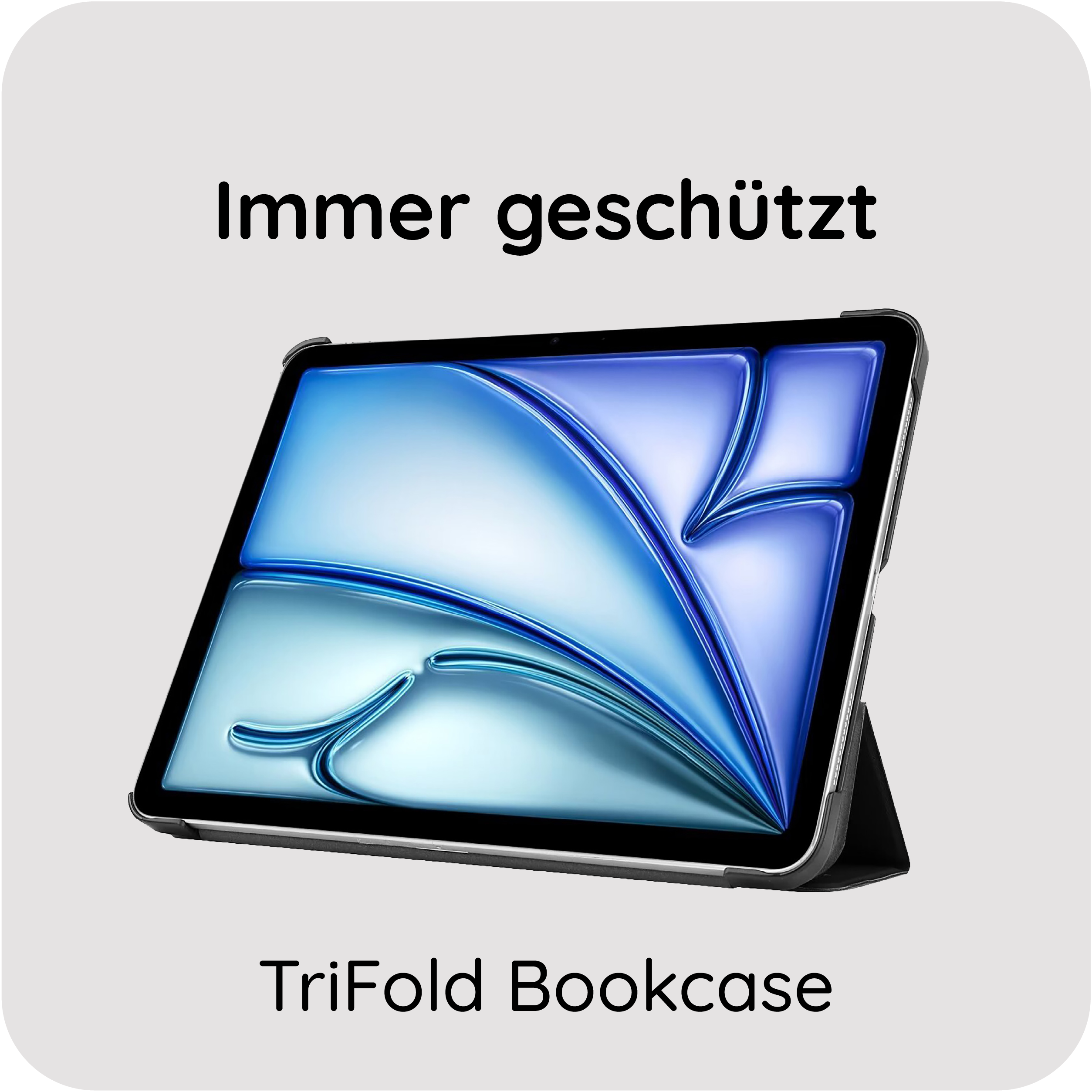 Ein Tablet in einer schwarzen Hülle mit blauem Hintergrund.