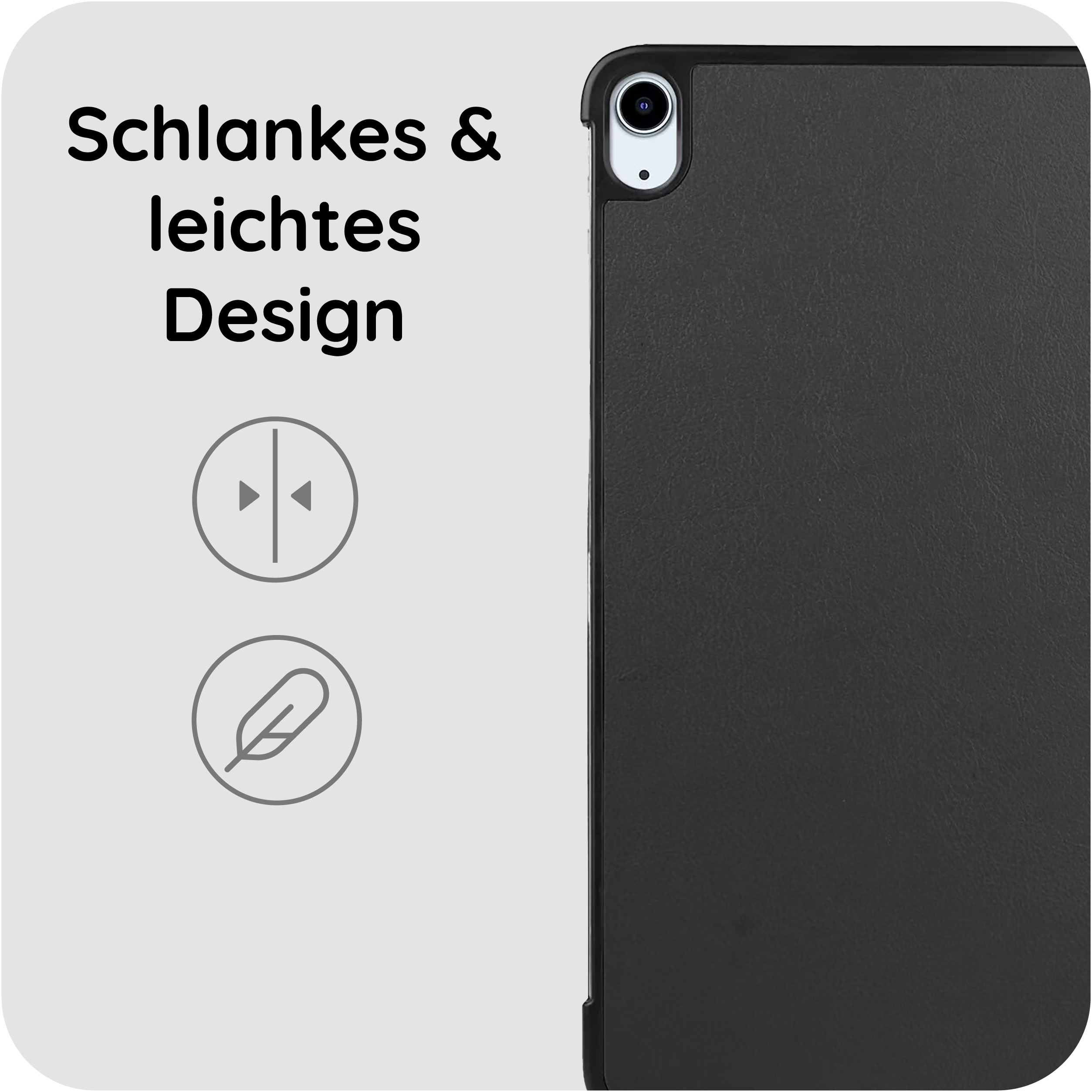 Schwarzes Tablet mit Text und Symbolen für schlankes, leichtes Design.