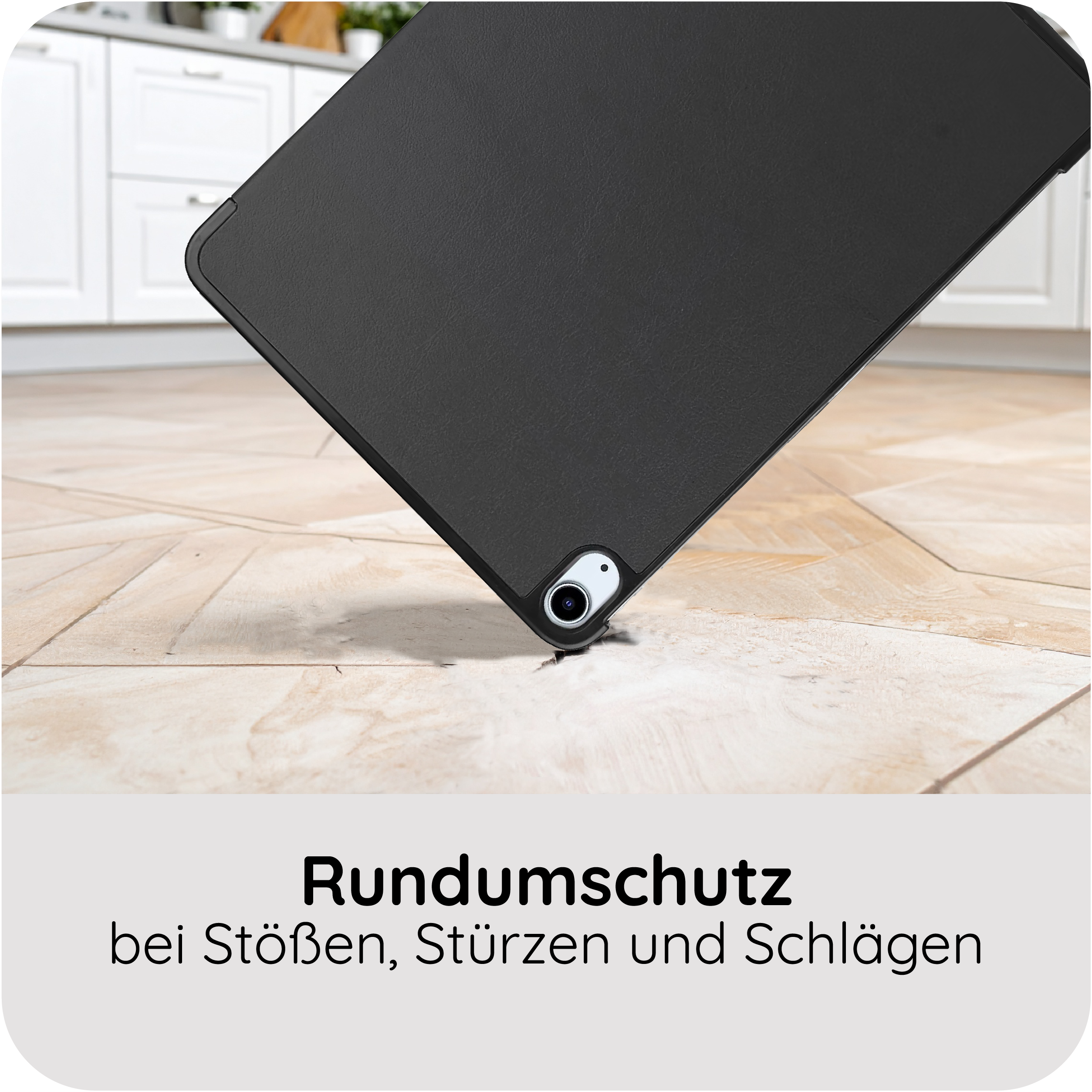 Schwarze Tablet-Hülle auf hellem Holzboden, mit Text.