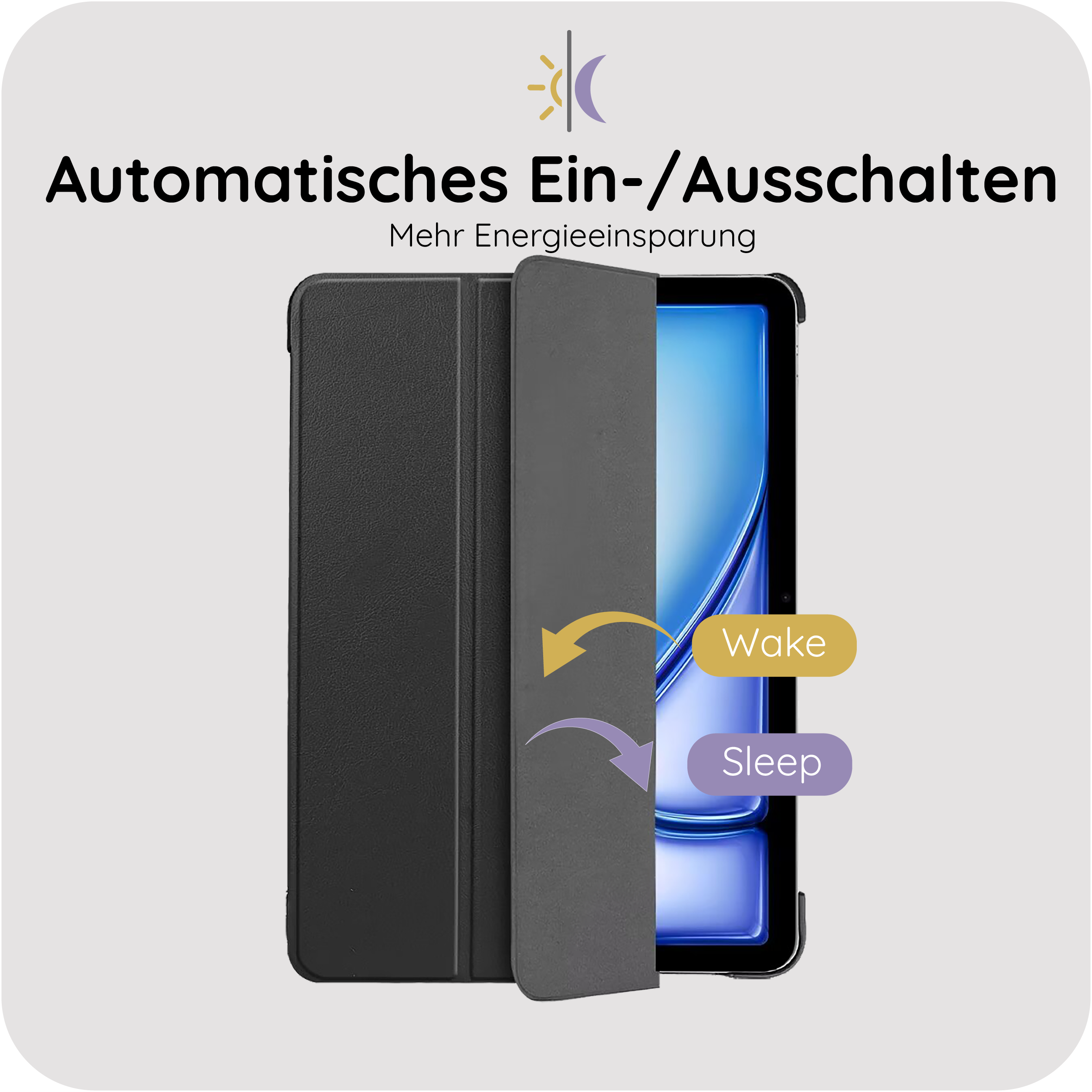 Ein schwarzer Tablet-Schutz mit Wake- und Sleep-Funktion.