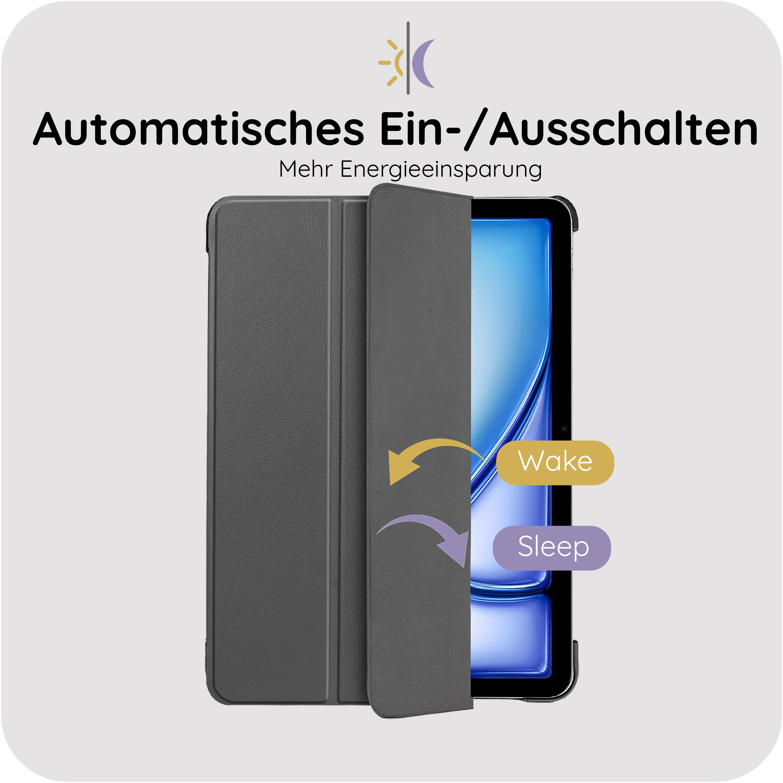 Graue Tablet-Hülle mit aufklappbarem Deckel, zeigt Wake/Sleep-Funktion.