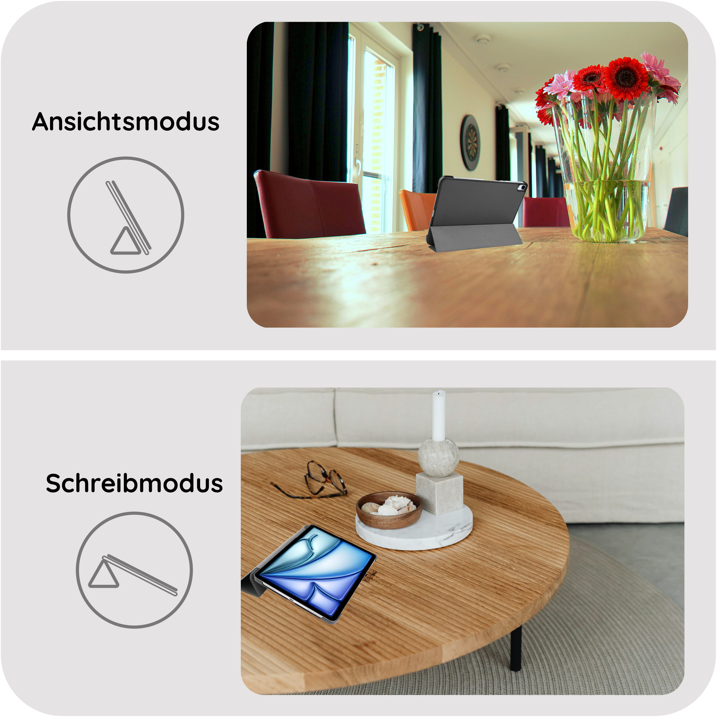 Tablet im Ansichtsmodus auf einem Holztisch mit Blumen und Stühlen.